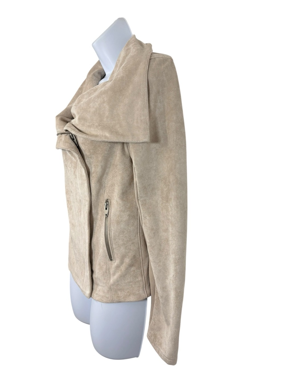 SL8 Beige Faux Suede Moto Jacket Size Small Asymmetrical Zip Draped Collar - Picture 4 of 14
